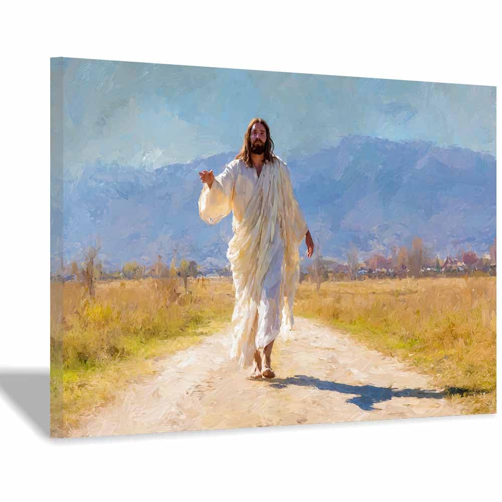 ZAMAEIU Jesus Canvas Wall Art Leading in thes road large mural decoration,Catholic home decor for Church Office Living Room Bathroom Inspiration Room(white)-30x50cm Framed
