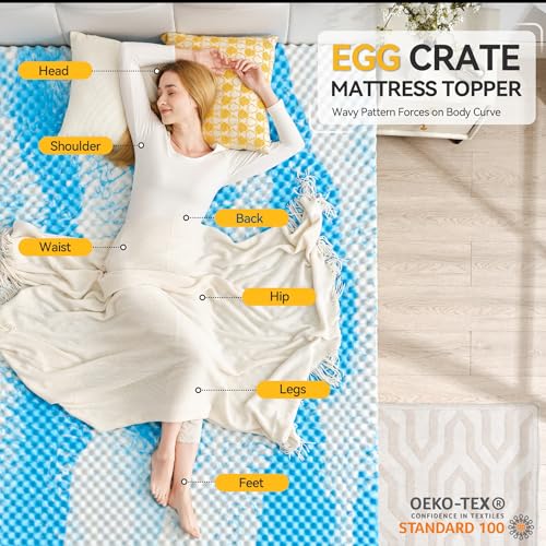 SINWEEK 3 Inch Egg Crate Memory Foam Mattress Topper Queen Size, Soft Mattress Pad for Back Pain Relief, Bed Topper, CertiPUR-US Certified, Blue