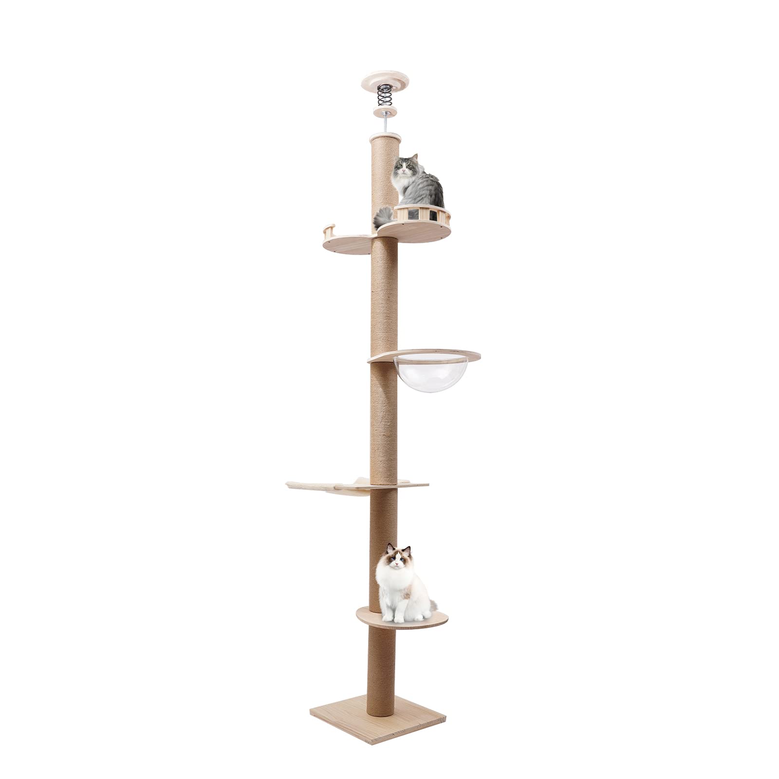 PERFERATE Floor to Ceiling Cat Tree Rattan Cat Climbing Tower Condo with Scratching Post,Basket,and Bed Adjustable High 100.4-104.3
