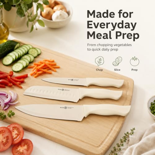 Image of 17-Piece Kitchen Knife Set with Block and Built-in Sharpener, Cream