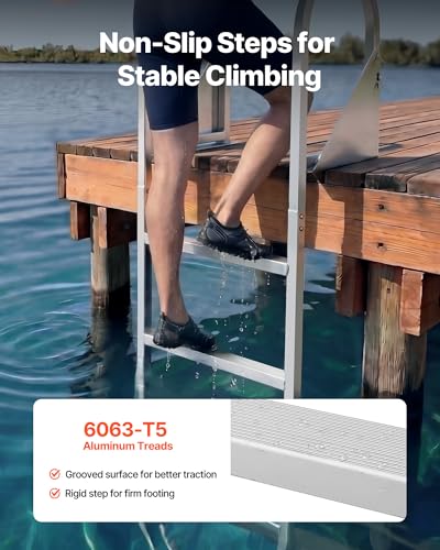 Image of VEVOR Flip-Up Dock Ladder, 4-Step, Heavy-Duty Aluminum Alloy Pontoon Boat Swim Ladder, with Non-Slip Wide Steps, 350 lbs Weight Capacity, Pull Rope Assist, for Lake Swimming, Pool, Marine Boarding