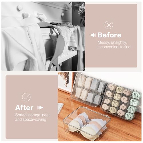 DILIBRA-Socks-Underwear-Drawer-Organizer-for-Closet-16-Compartment-Removable-Divided-Plastic-Clear-Sock-Storage-Box-with-Lid-Underwear-Storage-Tie-Organizer-Box-for-Bra-Socks-Ties-Scarf-Tea-Bag