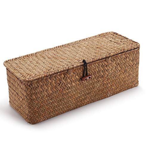 DOKOT Seagrass Woven Storage Basket with Lid, Rectangular Narrow Tampon Toilet Tank Organizer - Image 6