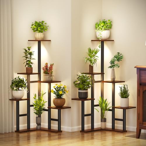 Image of Yzosvki Corner Plant Stand Indoor with Grow Lights Set of 2, 6 Tiered Corner Plant Shelf Flower Stand for Multiple Plants, Plant Shelves Organizer Rack, Square Rustic Brown