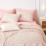 Wake In Cloud - Floral Quilt Set, Coquette Cottagecore Aesthetic Cute Flower Pattern for Women Teen Girls, Reversible Lightweight Bedspread Coverlet, 3 Pieces, Light Pink, Twin/Twin XL Size