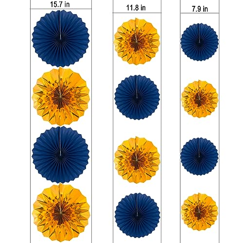 Image of MOWO Royal Blue and Gold Paper Fans Wall Decoration, 12pc | Ceiling Hanging Decoration, birthday graduation wedding retirement baby shower new year valentines day party decoration