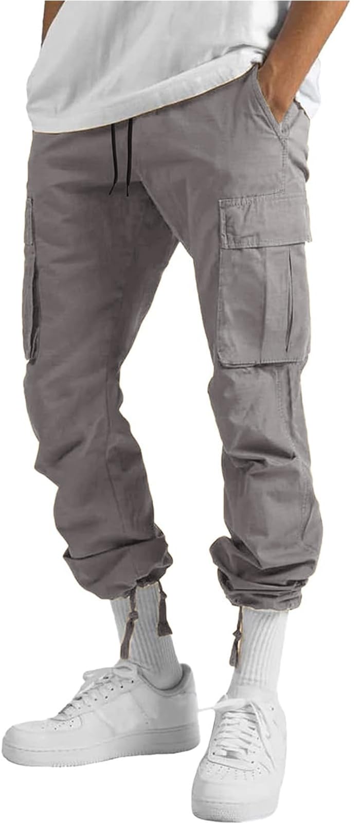 HUNGSON Mens Cargo Pants Drawstring Casual Hiking Pants Joggers Athletic Trousers Cotton Loose Straight Sweatpants for Men Grey