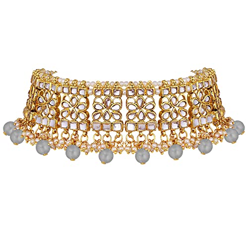 Image of Aheli Elegant Indian Faux Kundan Studded Choker Necklace with Maang Tikka Set Ethnic Wedding Wear Bharatanatyam jewellery set Gift for Women