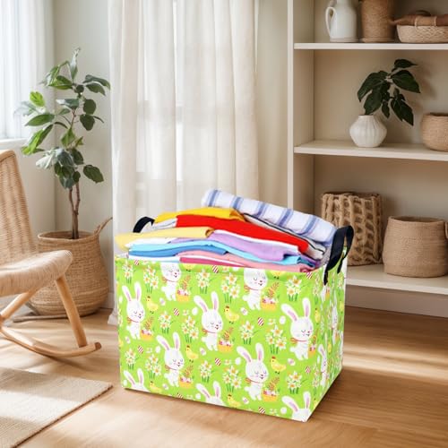 Image of Large Empty Easter Basket for Kid Fabric Personalized Bunny Eggs Easter Gift Basket for Boy and Girl (Rabbit Chicken Green Bottom)