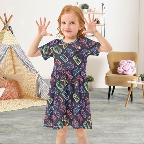 Gaming Console Pattern Girls Short Sleeve Dress Casual A Line Twirly Skater Dresses3