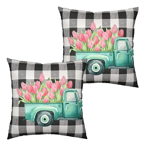 Kwlegh Pink Tulip Buffalo Plaid Pillow Covers 24x24 Blue Vintage Truck Throw Pillow Covers Spring Summer Flower Pillowcase for Living Room Farmhouse Sofa, Cotton Linen