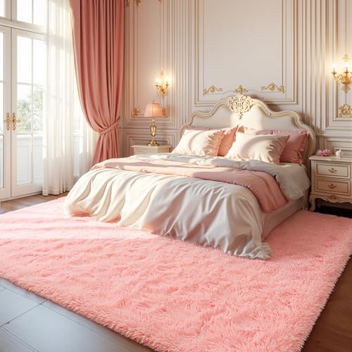 Zentavio Pink Rugs for Girls Room 9x12 Large Area Rugs for Living Room Cute Carpet for Bedroom Washable Soft Fluffy Shag Aesthetic Plush High Pile Rug for Nursery Kids Room Dorm Room