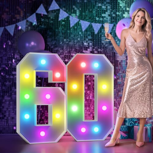 Image of Imprsv Colorful 3FT Marquee Numbers Light up Numbers 60 Birthday Decoration | RGB with Remote, Party Decorations Anniversary Wedding Decorations Assembly Required Foam Board 40 Pcs Accessory Set