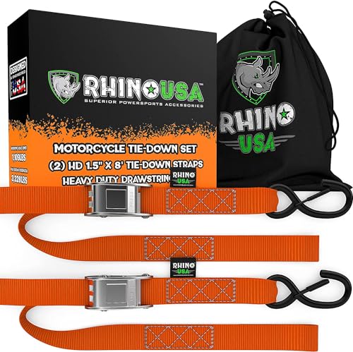Rhino USA Motorcycle Tie Down Straps (2 Pack) Lab Inspected 2,200lb Break Strength, Steel Cambuckle Tiedown Set with Integrated Soft Loops - Better Than a Ratchet Strap (Orange 2-Pack)