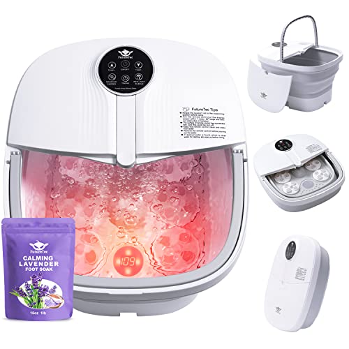 Motorized Foot Spa Bath Massager with Heat Bubbles and Vibration Massage and Jets, 16OZ Lavender Foot Soak Epsom Salt, Collapsible Foot Bath Bucket with 24 Auto Massage Balls, Infrared & Remote