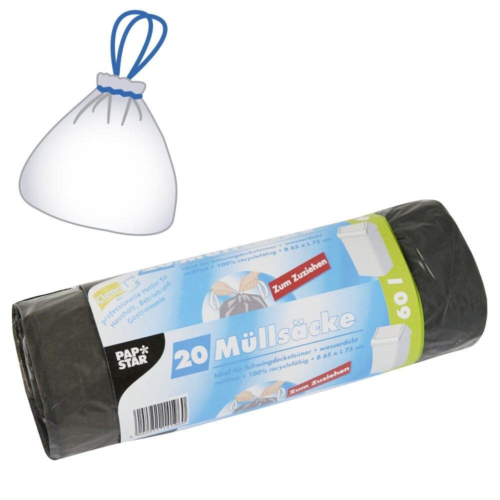 Papstar 20 x 60 Litre Grey Bin Liners - LDPE (Thickness 22my) with Drawstring - 75 x 65 x 75 cm - for Swing Top Bins, Pedal Bins and Similar Containers #14196
