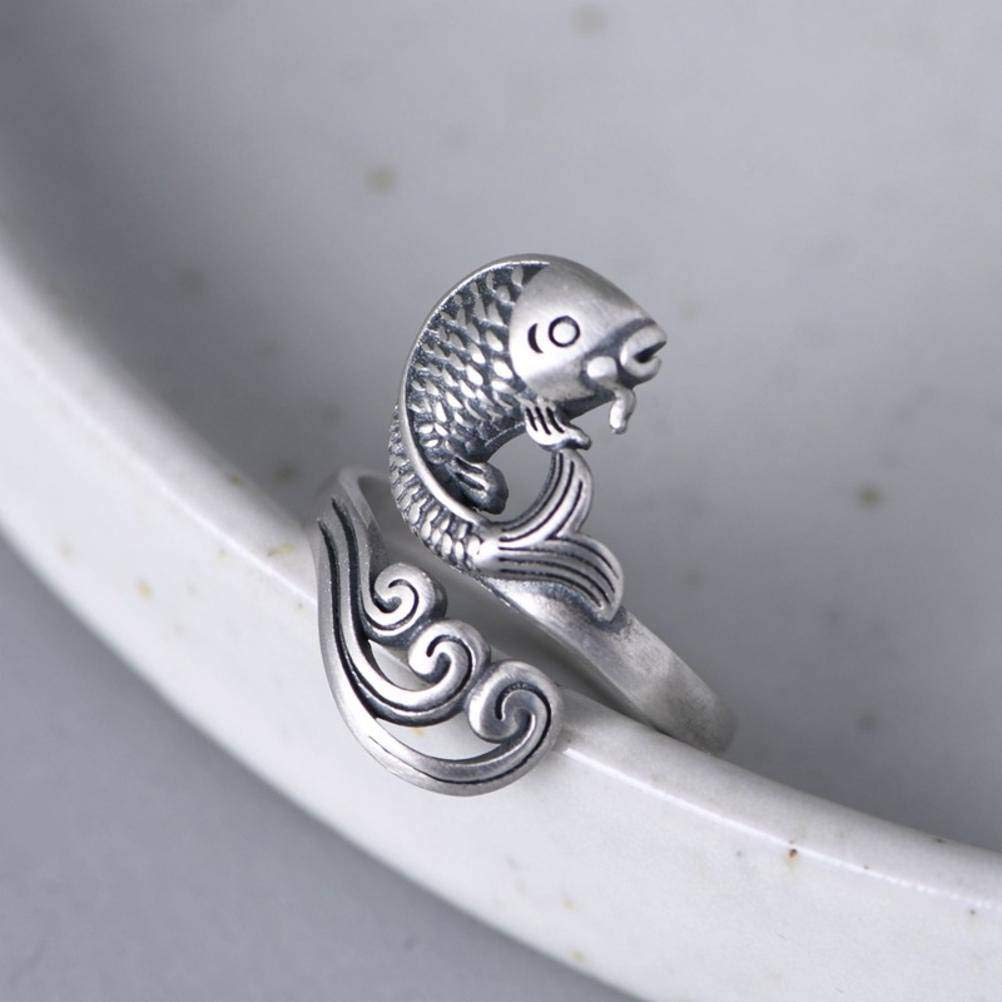 Style Ring Jewelry S925 Sterling Silver Ring Retro Silver Ring Female Fashion Water Ripple Carp Index Finger Ringfish, C-F, Fish