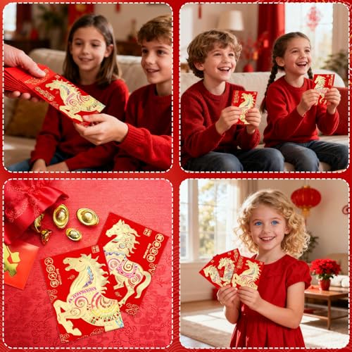 Goktvai 36stk Rote Umschläge zum Chinesischen Neujahr 2026, 11,5x8cm Hong Bao zum Mondneujahr mit 6 Designs Glücksgeld-Umschläge für Frühlingsfeste Hochzeiten Geburtstage und Feierlichkeiten (Stil 1)