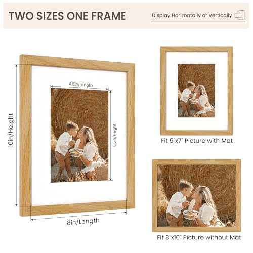 Image of FLYJOE 8x10 Oak Wood Picture Frame with Mat for 5x7, 8 by 10 USA-Sourced Natural Solid Wooden Photo Frame for Wall & Tabletop Display, Shatterproof Plexiglass, 1 Pack, Natural