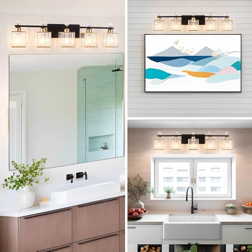 Image of Lxybcce Bathroom Vanity Lights Over Mirror - Easy Installation with Clear Guide, 5-Light Shadow-Free Design, Black and Gold Crystal Finish - for Modern Home Bathroom Lighting Fixtures in DIY Projects