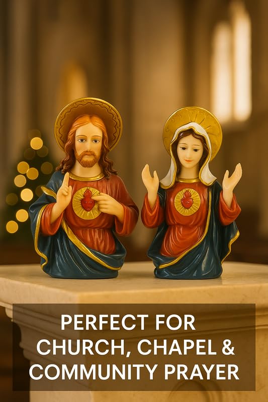 Image of Sacred Heart Jesus & Immaculate Mary Statues | Xmas Dcor Spiritual Idol Set for Home Church, Office Desk, Car Dashboard Idol & Christian Blessing Gift