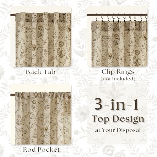 Image of Floral Linen Curtains 80 Inch Length 2 Panels Set Semi Sheer Curtain Brown