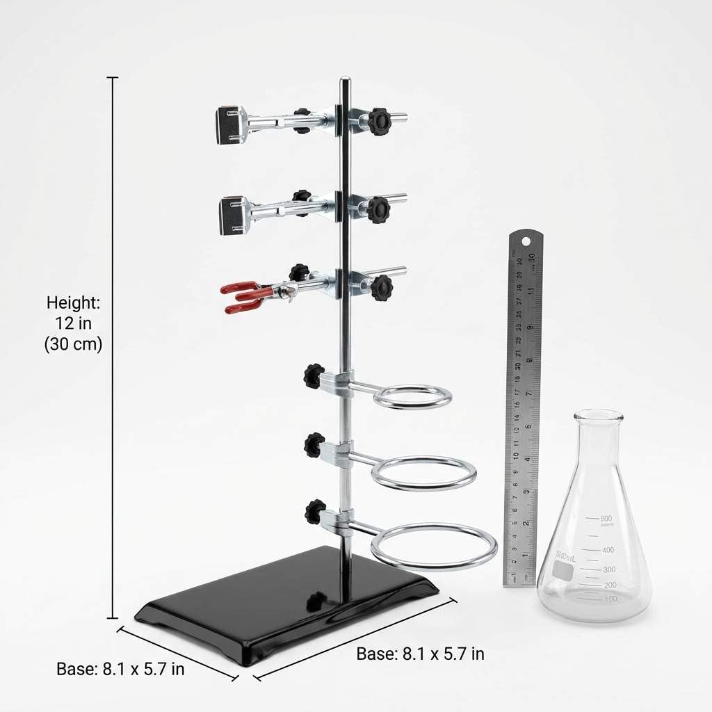 QWORK Set di 2 supporti in metallo per laboratorio, con morsetto in ferro, morsetto per fiaschetta e supporto per condensatore