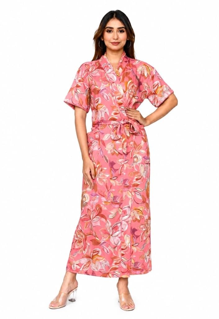 Women's Floral Printed Cotton Blend Wrap Robe | Kimono Style Long Night Gown | Half Sleeve with Belt & Pockets | Pink| M-picture-28