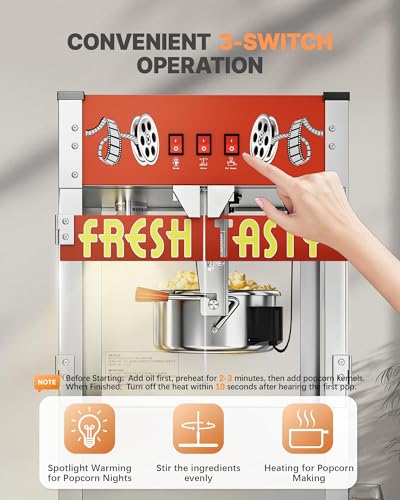 Image of 32 Oz Commercial Popcorn Machine, Large Popcorn Maker Machine, Movie Theater Countertop Pop Corn Machine with 3-Switch Control & Tempered Glass Doors, Red