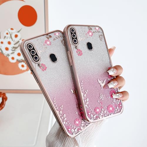 Image of for Samsung Galaxy A20S Case,Galaxy A20S Case for Women Gradual Change Glitter Crystal Soft TPU Stylish Butterfly Floral Heart Clear Protective Cover with Strap for Galaxy A20S (Rose Gold)