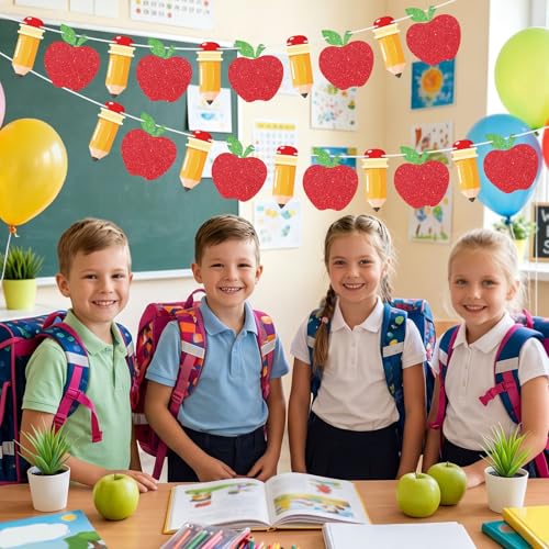 Image of Hooqict 2 Pieces Back to School Pencil and Apple Banner Decorations Welcome Back Party Banner for Teacher Student First Day of School Office Classroom Party Decorations