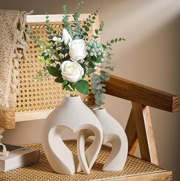 Image of White Heart Shaped Vases for Decor, Shaped Ceramic Vase Set of 2, Minimalist Decorative Vase for Table Centerpiece Wedding Dining Room (Heart Vase)