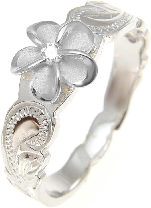 Arthur's Jewelry 925 sterling silver rhodium plated Hawaiian scroll cz plumeria flower ring size 1-10