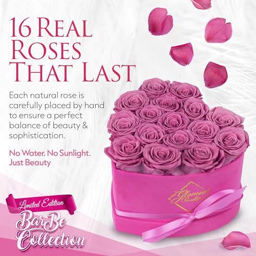 Image of GLAMOUR BOUTIQUE 16 Flower Forever Heart Shape Box, Mothers Day Gift For Mom, Eternal Preserved Roses Gift for Her, Flowers bouquet, For Birthday, Anniversary, Girlfriend - Velvet Pink (Color-Treated)