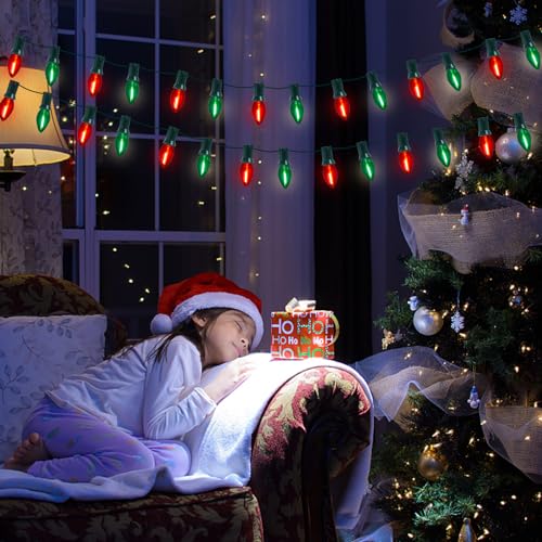 Image of GOOTHY C7 LED Red and Green Christmas Lights 25Ft LED Outdoor String Lights with 27 Clear Red & Green Bulbs, Vintage Christmas Lights for Tree Carnival Patio Wedding Holiday Pathway Roofline Decor