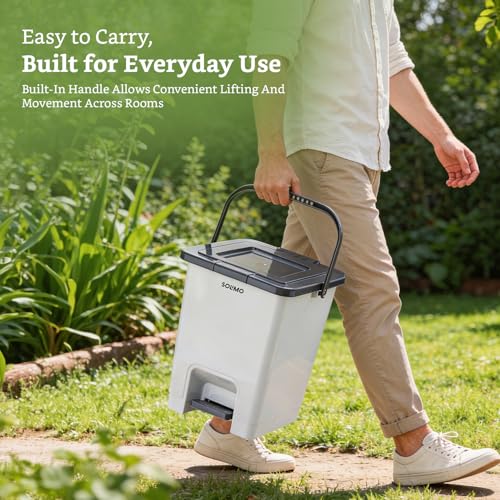Image of Amazon Brand - Solimo Square Pedal Dustbin (18L) | Hands-Free Trash Bin with Lid | Durable Plastic | Odor Control | Compact Design | For Kitchen, Bathroom & Office | 32.5L x 31.8B x 37.3H cm | Light Grey