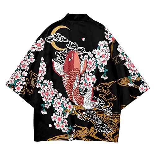 Image of DOSLAVIDA Men's Japanese Kimono Cardigan Suit Chinese Style Printed Jacket Pants Set Open Front Seven Sleeve Top & Shorts