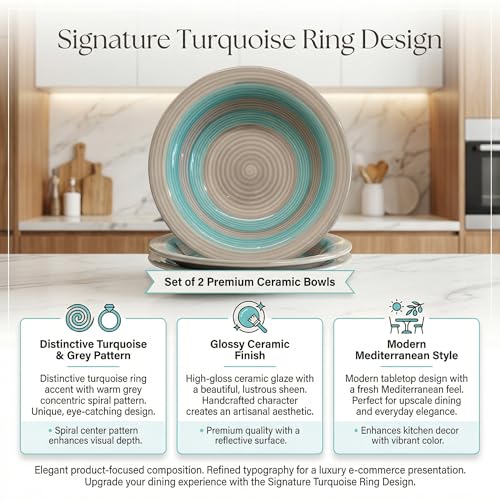 Image of Ceramic Pasta Bowls Set of 2 | 7 Inch Handmade Deep Soup Plates | Microwave Oven Safe Serving Bowls | Floral Hand-Painted Stoneware Salad Bowls (2, Turquoise & Grey)