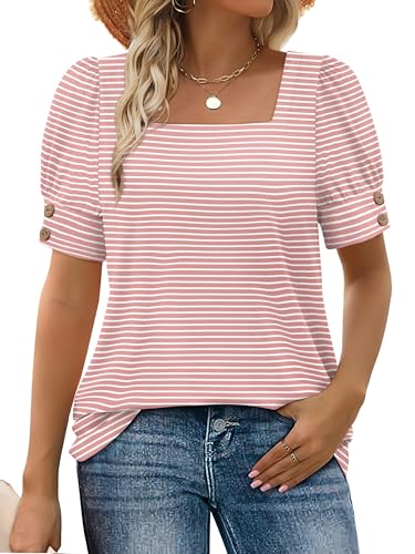 WIHOLL Summer Tops Women Outfits 2026 Dressy Casual Clothing Square Neck Easter Shirts Beach Vacation Clothes Spring Break Essential Pink Stripe L