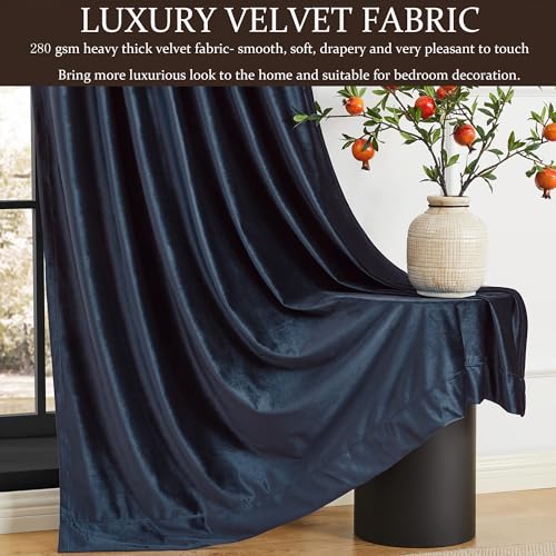 Image of 100% Blackout Navy Blue Velvet Curtains 102 inch Long for Living Room,2 Panel Back Tab Deep Blue Thermal Insulated Room Darkening Curtain with Liner Noice Reducing Soundproof Window Drapes for Bedroom
