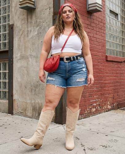 Image of Pasuot Western Cowboy Boots for Women - Knee High Wide Calf Cowgirl Boots, Slip On Pointed Toe Chunky Heel Fashion Retro Classic Pull On Tall Boot for ladies Party concert