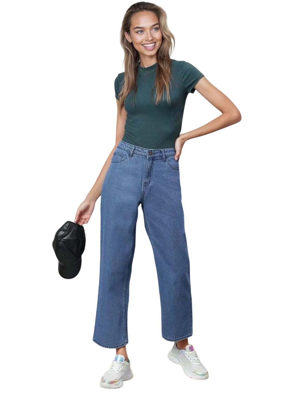 Women High Rise Cotton Lycra Ankle Length Straight fit Cornflower Blue Solid Jeans