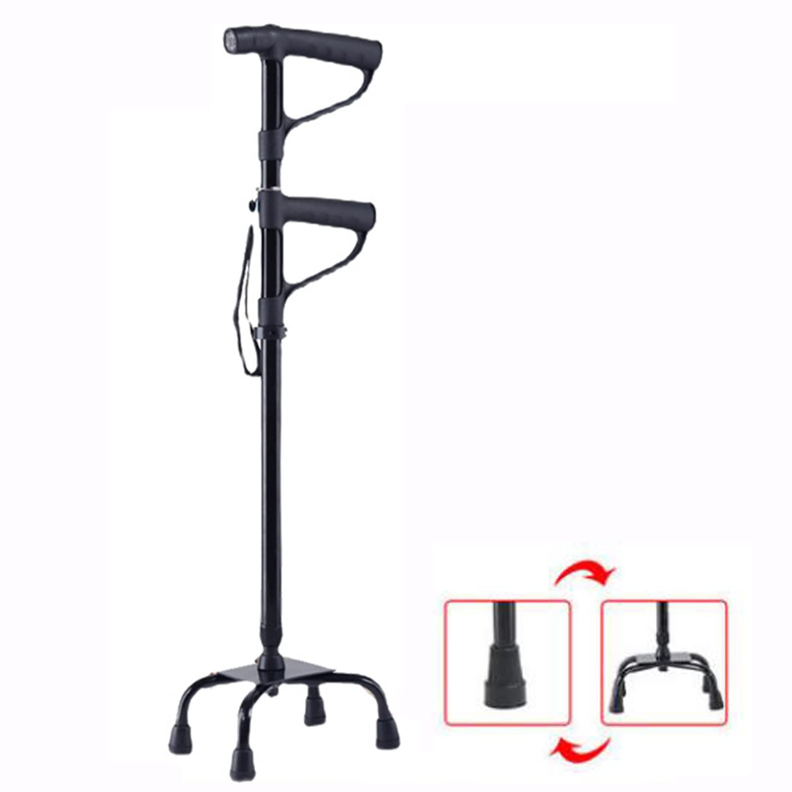 Bastón cuádruple Ajustable, bastón de Doble asa para Ancianos con luz LED, bastón Multifuncional para Ancianos discapacitados, Ligero y Antideslizante (Negro) (Color : C)