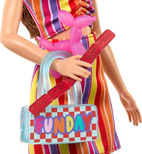 Image of Barbie Day at The Fair Doll & Accessory Set with Camera, Balloon Dog & More, Fashionable Festival-Themed Outfit with Pink Overalls Skirt