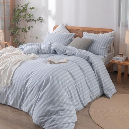 Image of BESTOUCH Striped Cotton Duvet Cover Set Linen Feel Alaska King | 100% Washed Cotton, Soft Wrinkle Texture, Hidden Zipper, 8 Ties, Breathable Lightweight Durable Comfy, 3 Pcs No Insert