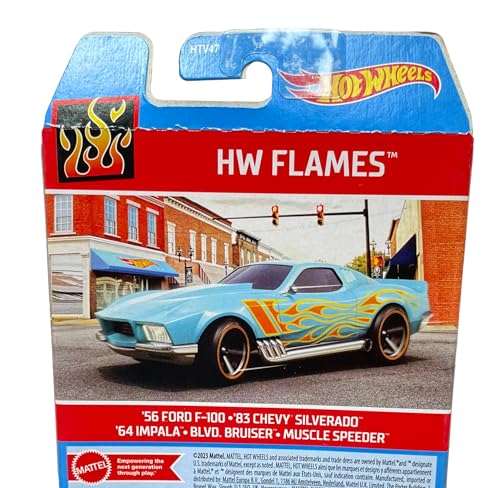 Image of Hot Wheels Car 2024 HW Flames Pack of 5 (56 Ford F-100, 83 Chevy Silverado, 64 Impala, Blvo Bruiser, Muscle Speeder) Multi - Color