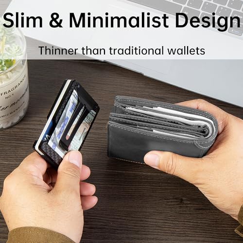 Image of Minimalist Carbon Fiber Wallet for Men, Money Clip Cash Strap Wallet, RFID Blocking Metal Wallet Aluminum Card Holder,Front Pocket Wallet(Carbon Fiber)