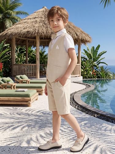 Image of Summer Boys Suit Dress Clothes Kids Wedding Ring Bearer Outfit 4Pcs Shirt Vest Shorts Set