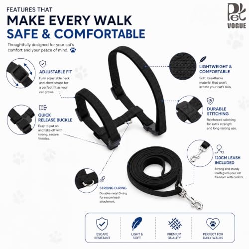 Image of PetVogue Basic Full Body Cat Harness with Leash Set for Walking for Cats Adjustable Soft Sturdy Escape Proof Kitten Vest Harness and Leash with Reflective Strip for Large Medium Small Cat (Black)