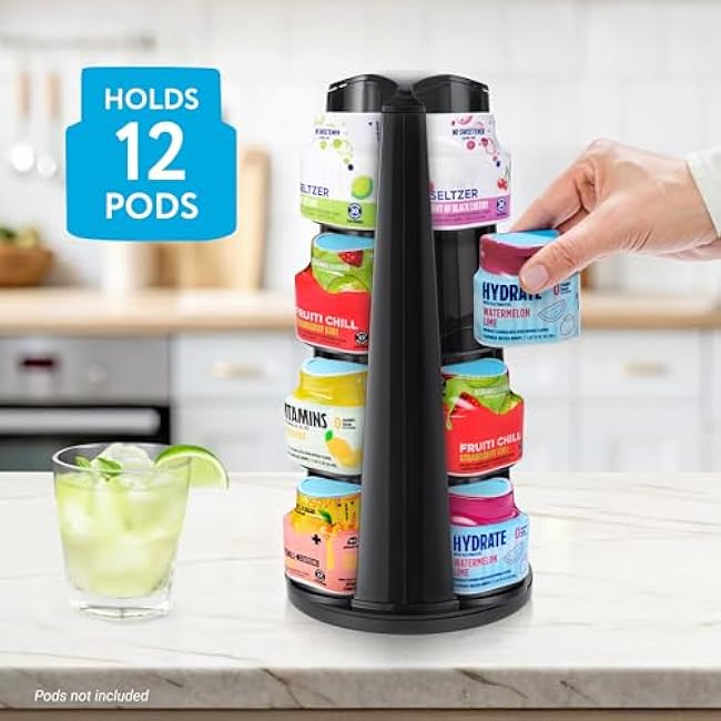 IMPRESA Flavor Pod Holder Compatible with Ninja Thirsti Drink Flavor Pods - Holds 12, Black, 5.5 x 11.5 in - 360 Degree Rotating Base & Rubber Grip for Countertop Storage